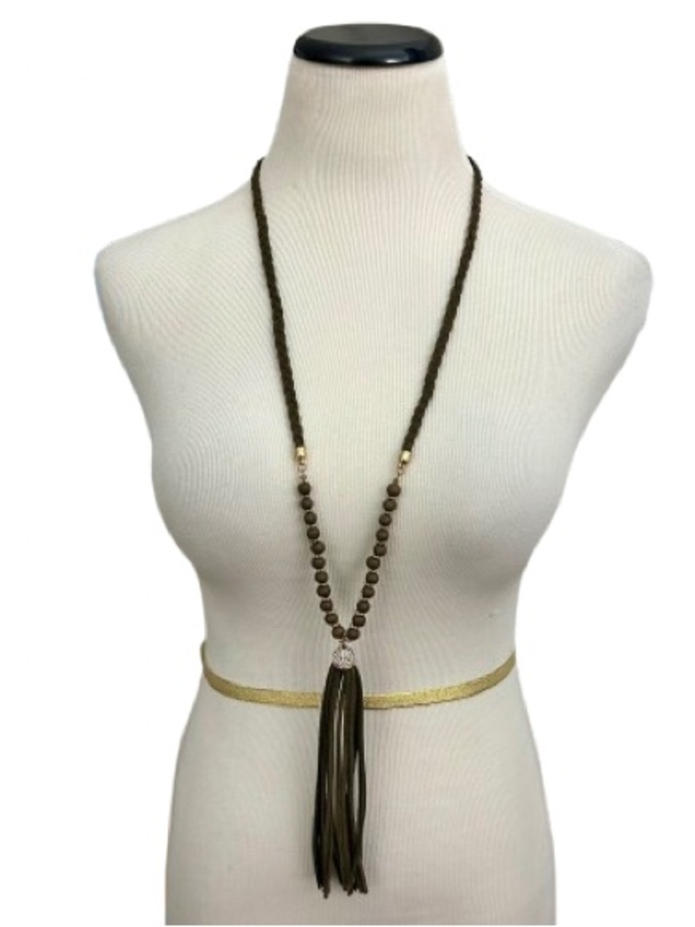 Versona Olive Green Long Beaded and Braided Tassel Necklace Women’s Size OS.
